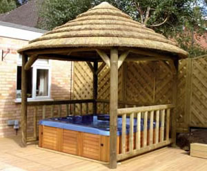 Thatched Hot Tub Gazebo with Blue Jacuzzi