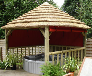 Thatched Hot Tub Gazebo with Dimension One Lotus Bay Hot Tub